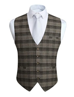 Men's Suit Vest Business Formal Plaid Dress Waistcoat Slim Fit Vests for Men with 3 Pocket for Suit or Tuxedo