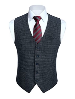 Men's Suit Vest Business Formal Plaid Dress Waistcoat Slim Fit Vests for Men with 3 Pocket for Suit or Tuxedo
