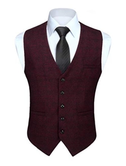 Men's Suit Vest Business Formal Plaid Dress Waistcoat Slim Fit Vests for Men with 3 Pocket for Suit or Tuxedo