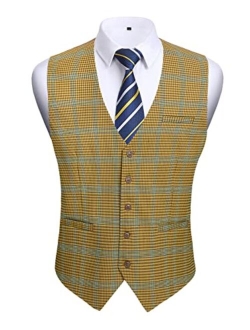 Men's Suit Vest Business Formal Plaid Dress Waistcoat Slim Fit Vests for Men with 3 Pocket for Suit or Tuxedo