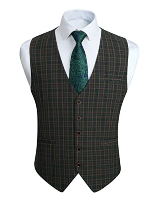 HISDERN Men's Suit Vest Business Formal Plaid Dress Waistcoat Slim Fit Vests for Men with 3 Pocket for Suit or Tuxedo