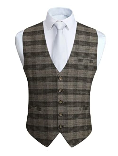 HISDERN Men's Suit Vest Business Formal Plaid Dress Waistcoat Slim Fit Vests for Men with 3 Pocket for Suit or Tuxedo