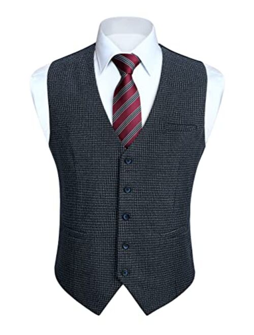 HISDERN Men's Suit Vest Business Formal Plaid Dress Waistcoat Slim Fit Vests for Men with 3 Pocket for Suit or Tuxedo