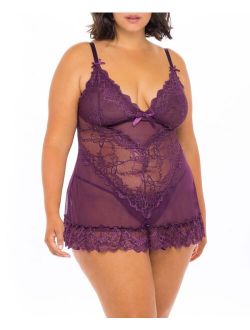 Oh La La Cheri Plus Size Soft Cup Lacey Babydoll with Bows and G-String