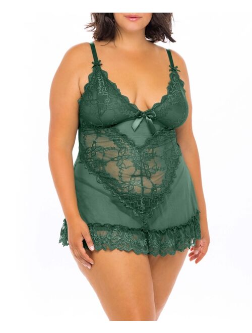 Oh La La Cheri Plus Size Soft Cup Lacey Babydoll with Bows and G-String