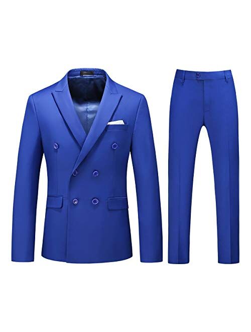 Cloudstyle Mens Blue Slim Fit 3 Piece Checked Suits Double Breasted Vintage Fashion