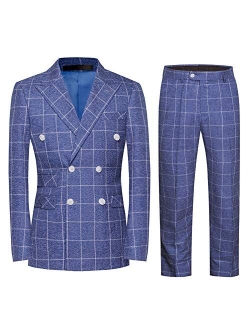 YFFUSHI Mens Plaid 3 Piece Suits Double Breasted Retro Slim Dress