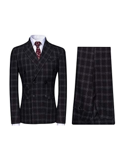 YFFUSHI Mens Plaid 3 Piece Suits Double Breasted Retro Slim Dress