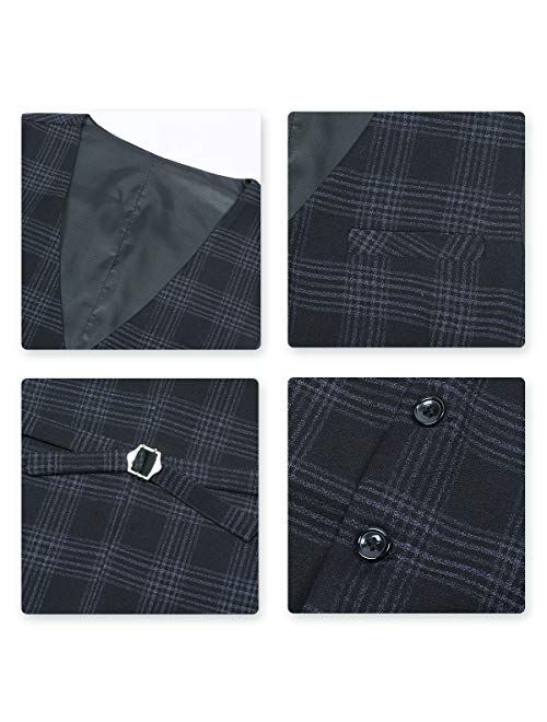 YFFUSHI Mens Plaid 3 Piece Suits Double Breasted Retro Slim Dress