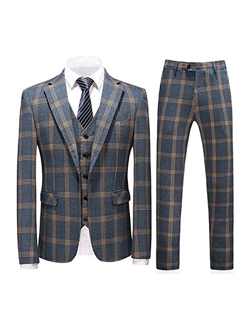 KUDORO Mens Suits 3 Piece Check Plaid Suit Single Breasted One Button Jackets Formal Dress Party Prom Tuxedo Suits for Men