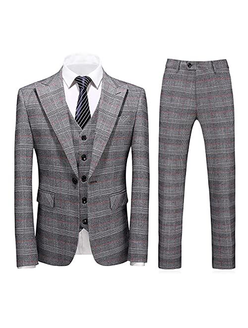 KUDORO Mens Suits 3 Piece Check Plaid Suit Single Breasted One Button Jackets Formal Dress Party Prom Tuxedo Suits for Men