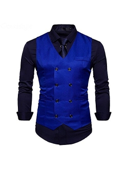 Mens Vest Double Breasted V-Neck Slim Fit Formal Dress Vest Business Waistcoat