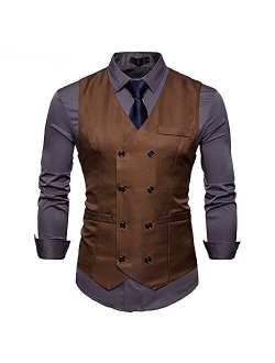 Mens Vest Double Breasted V-Neck Slim Fit Formal Dress Vest Business Waistcoat