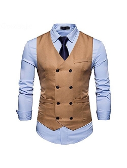 Mens Vest Double Breasted V-Neck Slim Fit Formal Dress Vest Business Waistcoat