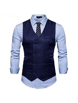 Mens Vest Double Breasted V-Neck Slim Fit Formal Dress Vest Business Waistcoat