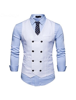 Mens Vest Double Breasted V-Neck Slim Fit Formal Dress Vest Business Waistcoat