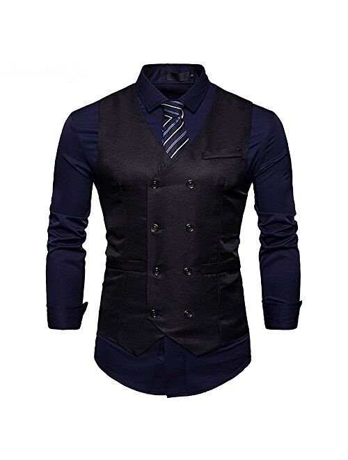 Cloudstyle Mens Vest Double Breasted V-Neck Slim Fit Formal Dress Vest Business Waistcoat