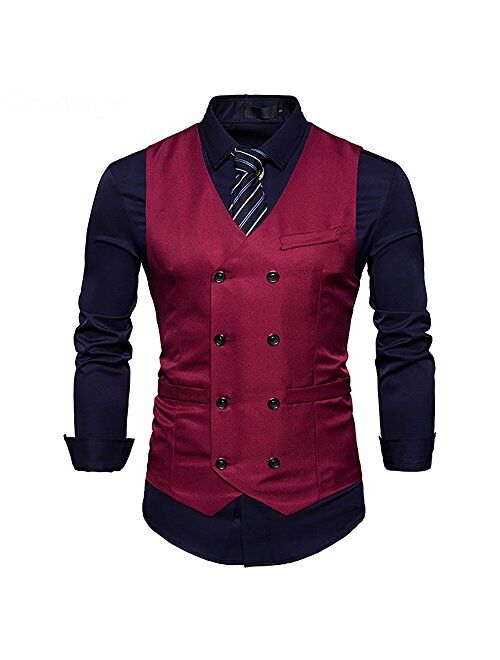 Cloudstyle Mens Vest Double Breasted V-Neck Slim Fit Formal Dress Vest Business Waistcoat