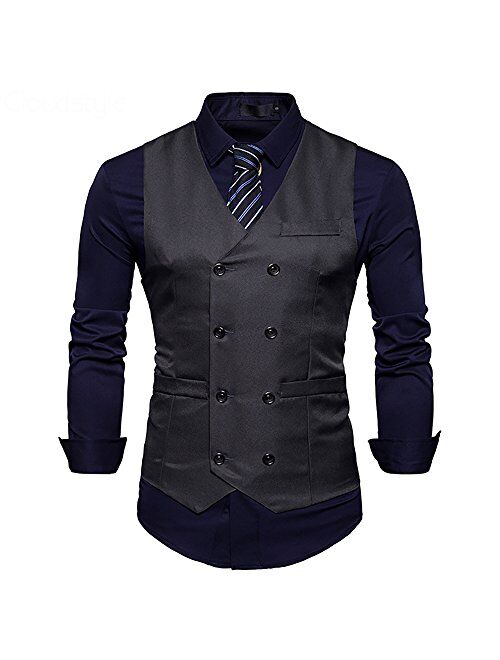 Cloudstyle Mens Vest Double Breasted V-Neck Slim Fit Formal Dress Vest Business Waistcoat