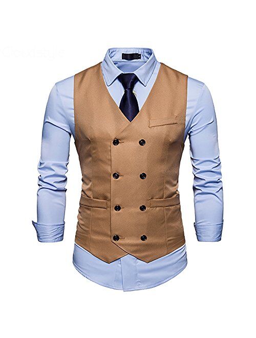 Cloudstyle Mens Vest Double Breasted V-Neck Slim Fit Formal Dress Vest Business Waistcoat