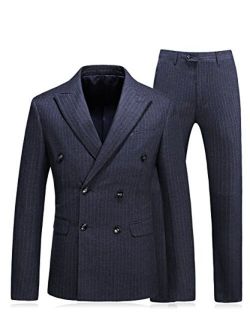 MOGU Mens Double Breasted Pinstripe 3 Piece Suit Slim Fit Blazer Jacket & Trousers & Waistcoat