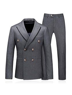 MOGU Mens Double Breasted Pinstripe 3 Piece Suit Slim Fit Blazer Jacket & Trousers & Waistcoat