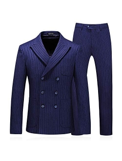 MOGU Mens Double Breasted Pinstripe 3 Piece Suit Slim Fit Blazer Jacket & Trousers & Waistcoat