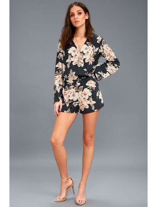 Lulus Prairie Daydream Washed Navy Blue Floral Print Romper