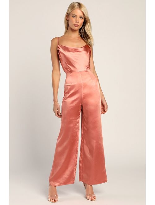 LUSH Perfect Night Champagne Satin Cowl Neck Culotte Jumpsuit