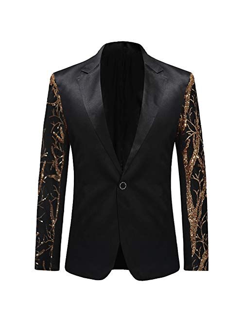 Boyland Men's Tux Dress Blazer Gold Sequins Floral Suit Party Dinner Prom Slim Fit Stylish Blazer Sport Coat