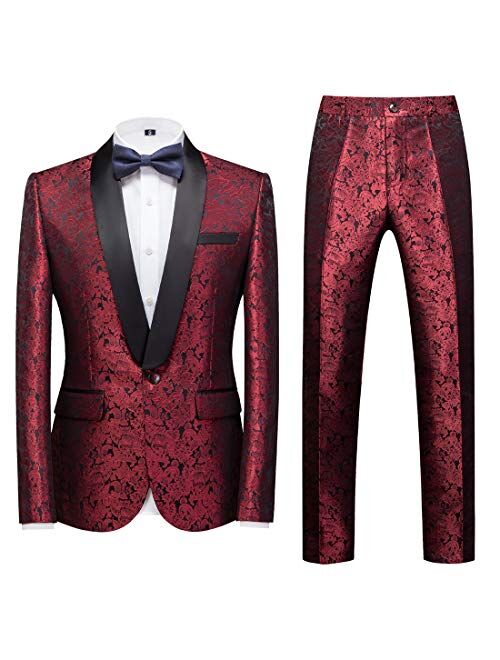 MOGU Mens 2 Piece Suit Slim Fit Shawl Lapel Tuxedo for Daily Business Wedding Party (Suit Jacket + Pants)