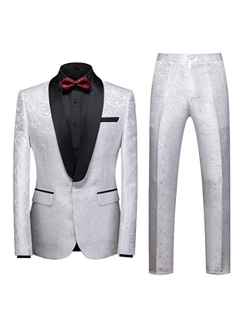 MOGU Mens 2 Piece Suit Slim Fit Shawl Lapel Tuxedo for Daily Business Wedding Party (Suit Jacket + Pants)