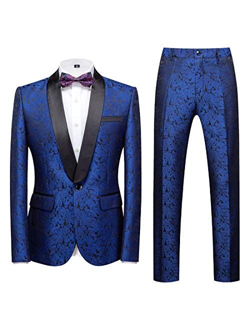 MOGU Mens 2 Piece Suit Slim Fit Shawl Lapel Tuxedo for Daily Business Wedding Party (Suit Jacket + Pants)