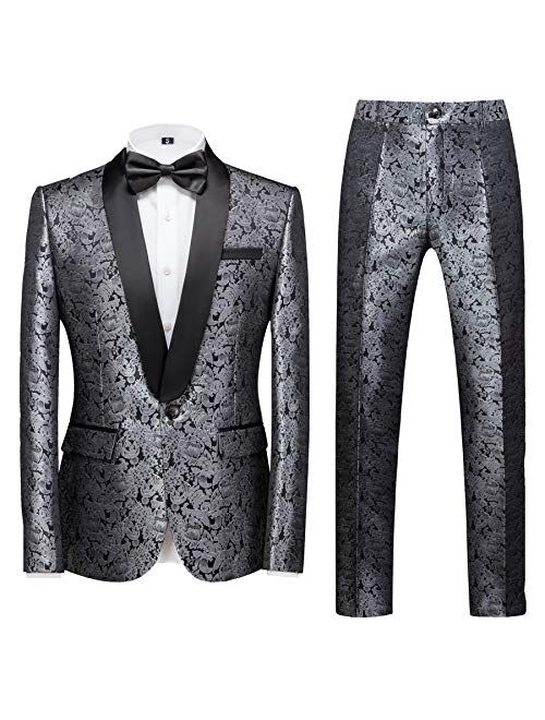 MOGU Mens 2 Piece Suit Slim Fit Shawl Lapel Tuxedo for Daily Business Wedding Party (Suit Jacket + Pants)