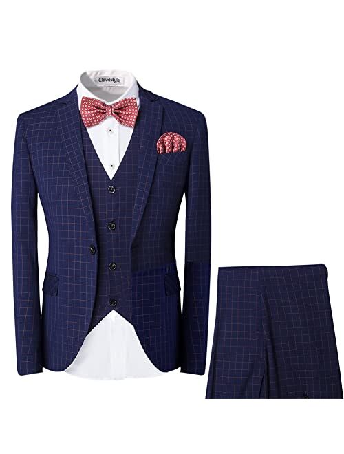 Cloudstyle Men's 3-Piece Dress Suit Plaid 1 Button Slim Fit Single-Breasted Wedding Blazer