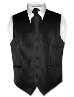 Men's Dress Vest & NeckTie BLACK Color Vertical Striped Design Neck Tie Set