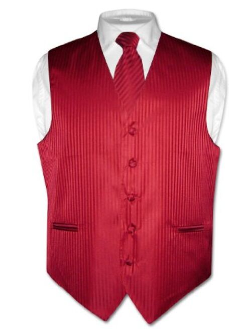 Vesuvio Napoli Men's Dress Vest & NeckTie BLACK Color Vertical Striped Design Neck Tie Set