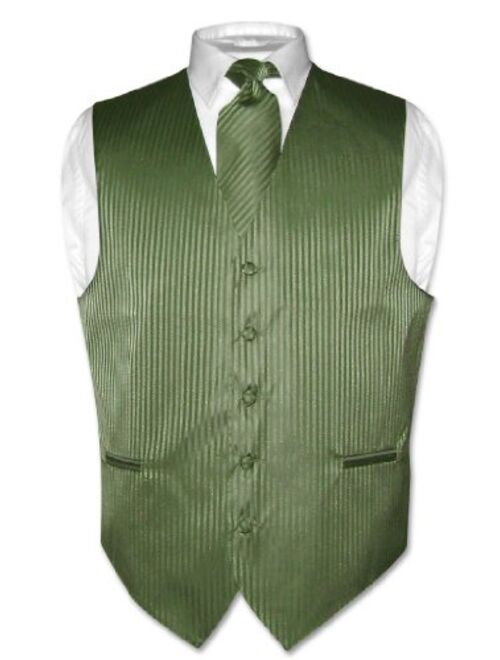 Vesuvio Napoli Men's Dress Vest & NeckTie BLACK Color Vertical Striped Design Neck Tie Set