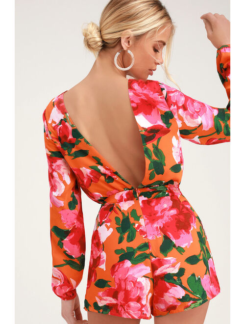 Lulus Sweetest Song Orange Floral Print Backless Long Sleeve Romper