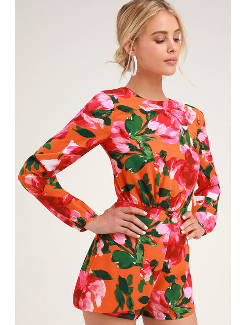 Lulus Sweetest Song Orange Floral Print Backless Long Sleeve Romper