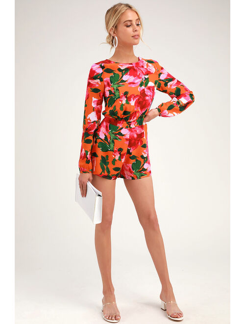 Lulus Sweetest Song Orange Floral Print Backless Long Sleeve Romper