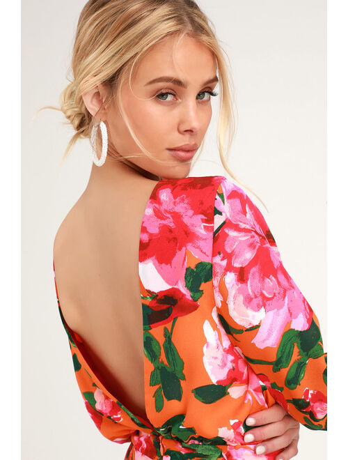 Lulus Sweetest Song Orange Floral Print Backless Long Sleeve Romper