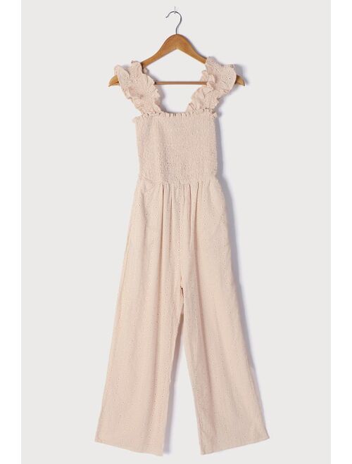 Lulus Easy Loving Beige Eyelet Lace Wide-Leg Jumpsuit