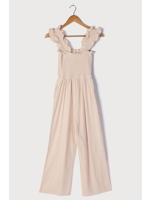 Lulus Easy Loving Beige Eyelet Lace Wide-Leg Jumpsuit