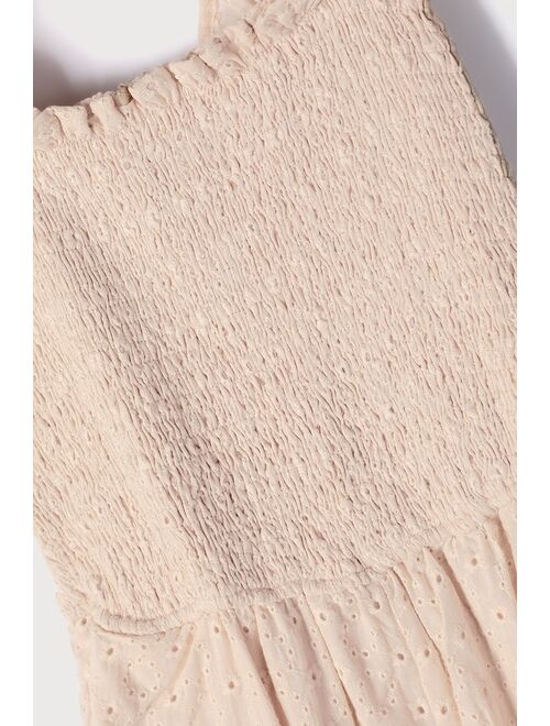 Lulus Easy Loving Beige Eyelet Lace Wide-Leg Jumpsuit