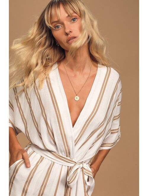 LUSH Seaside Tide Taupe and White Striped Surplice Romper