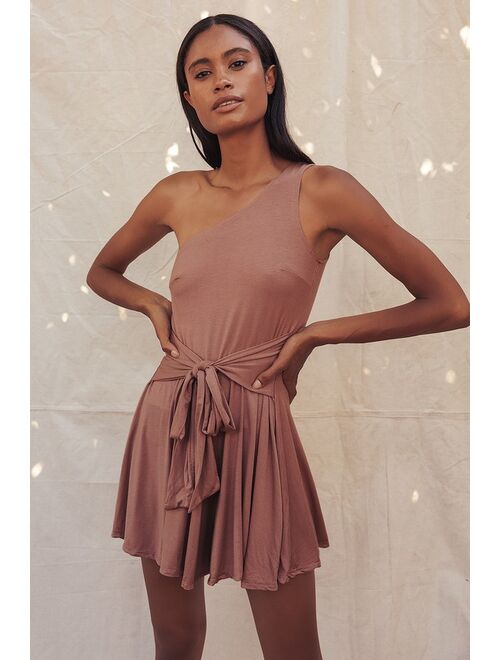 Lulus Sunny Soiree Mauve One-Shoulder Tie-Front Romper