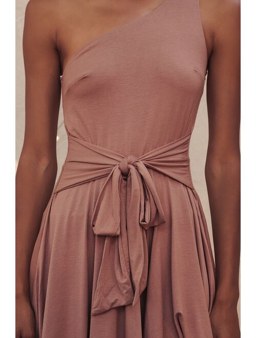 Lulus Sunny Soiree Mauve One-Shoulder Tie-Front Romper