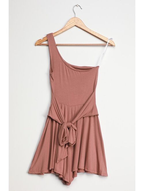 Lulus Sunny Soiree Mauve One-Shoulder Tie-Front Romper