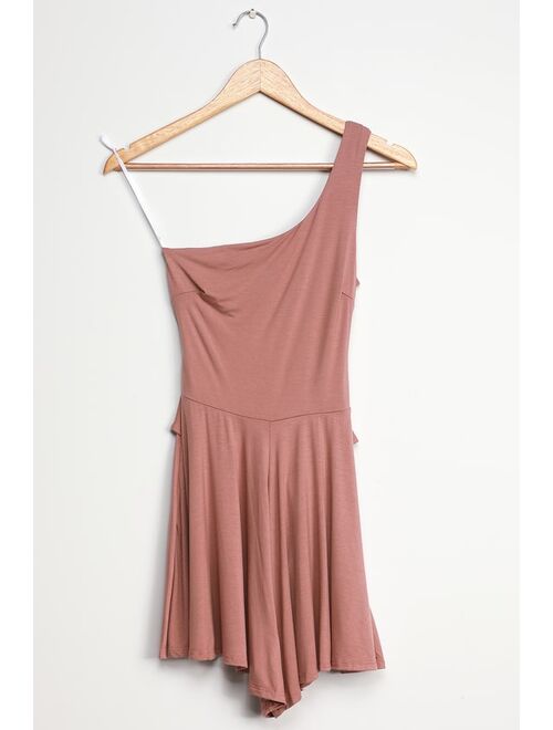 Lulus Sunny Soiree Mauve One-Shoulder Tie-Front Romper